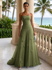 Light Blue Evening Dress with 3D Flower Strapless Pleat Maxi Dress