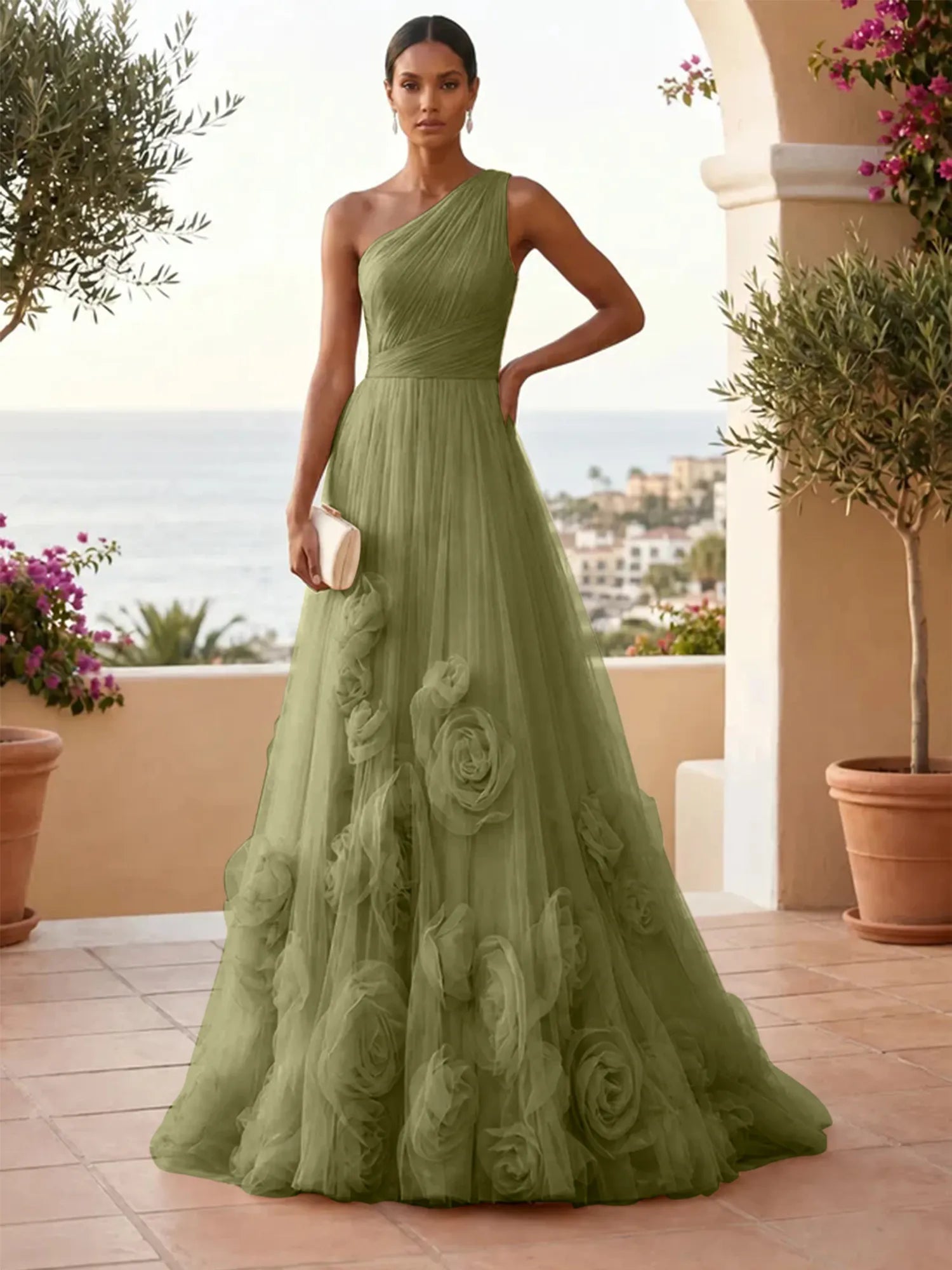 One-Shoulder Sweetheart Tulle Ball Gown with 3D Floral Accents Evening Dresses