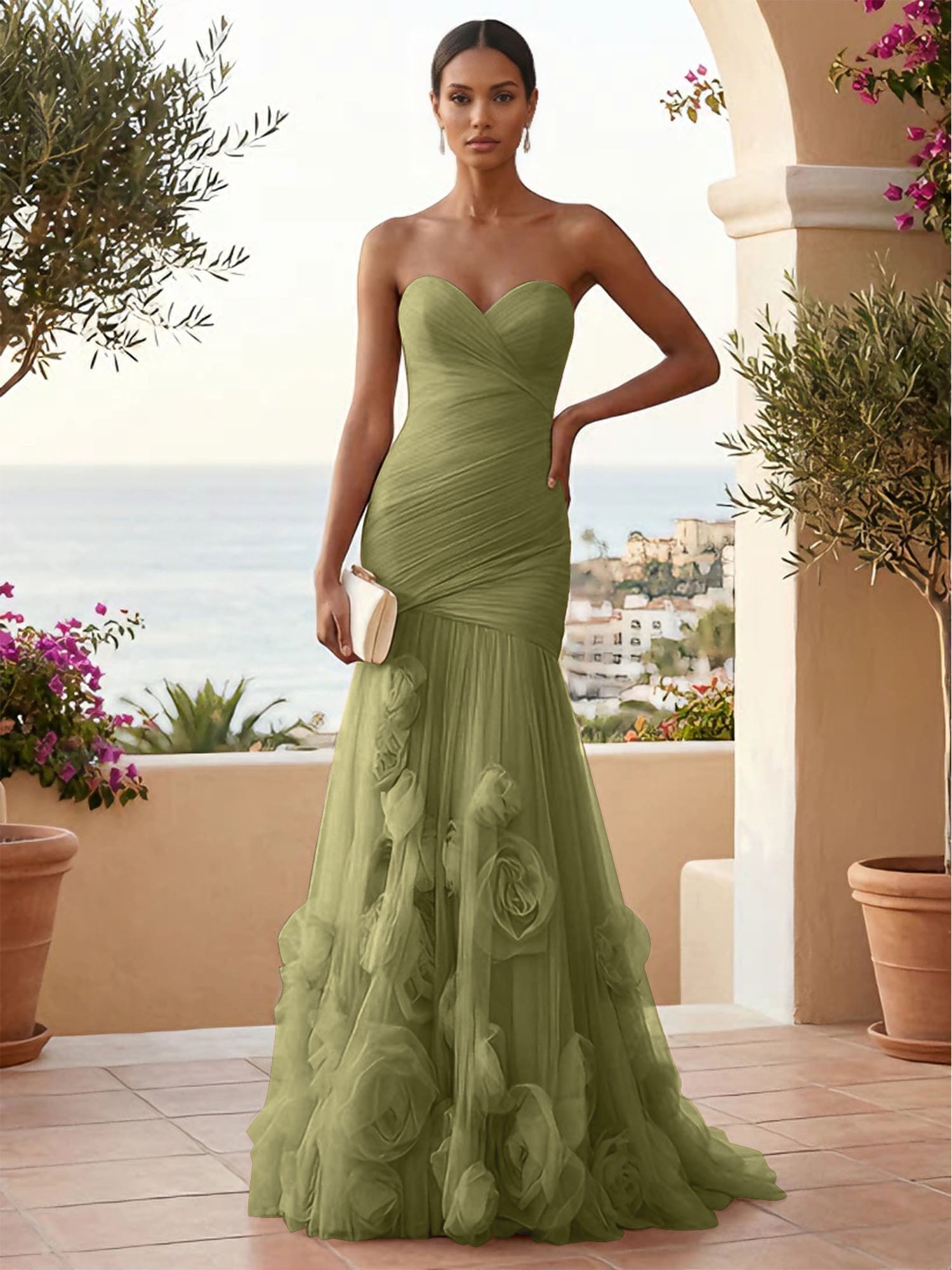 Sweetheart Tulle Pleat Mermaid Evening Dresses with 3D Flower