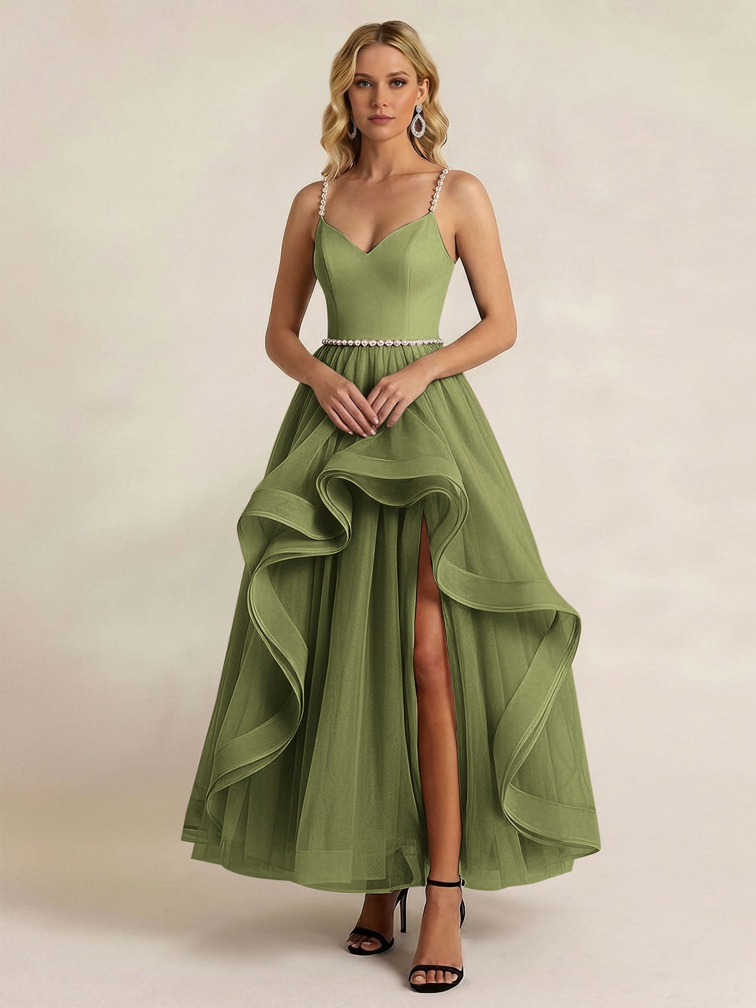 Black Tulle Ruffled A Line Long Formal Dress with Slit