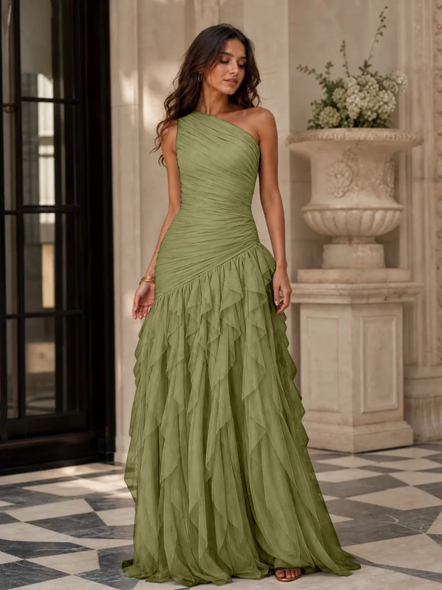 Emerald Green One-Shoulder Ruched Asymmetric Ruffle Chiffon Floor-Length Gown Dress