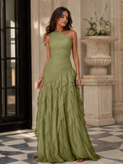 Emerald Green One-Shoulder Ruched Asymmetric Ruffle Chiffon Floor-Length Gown Dress