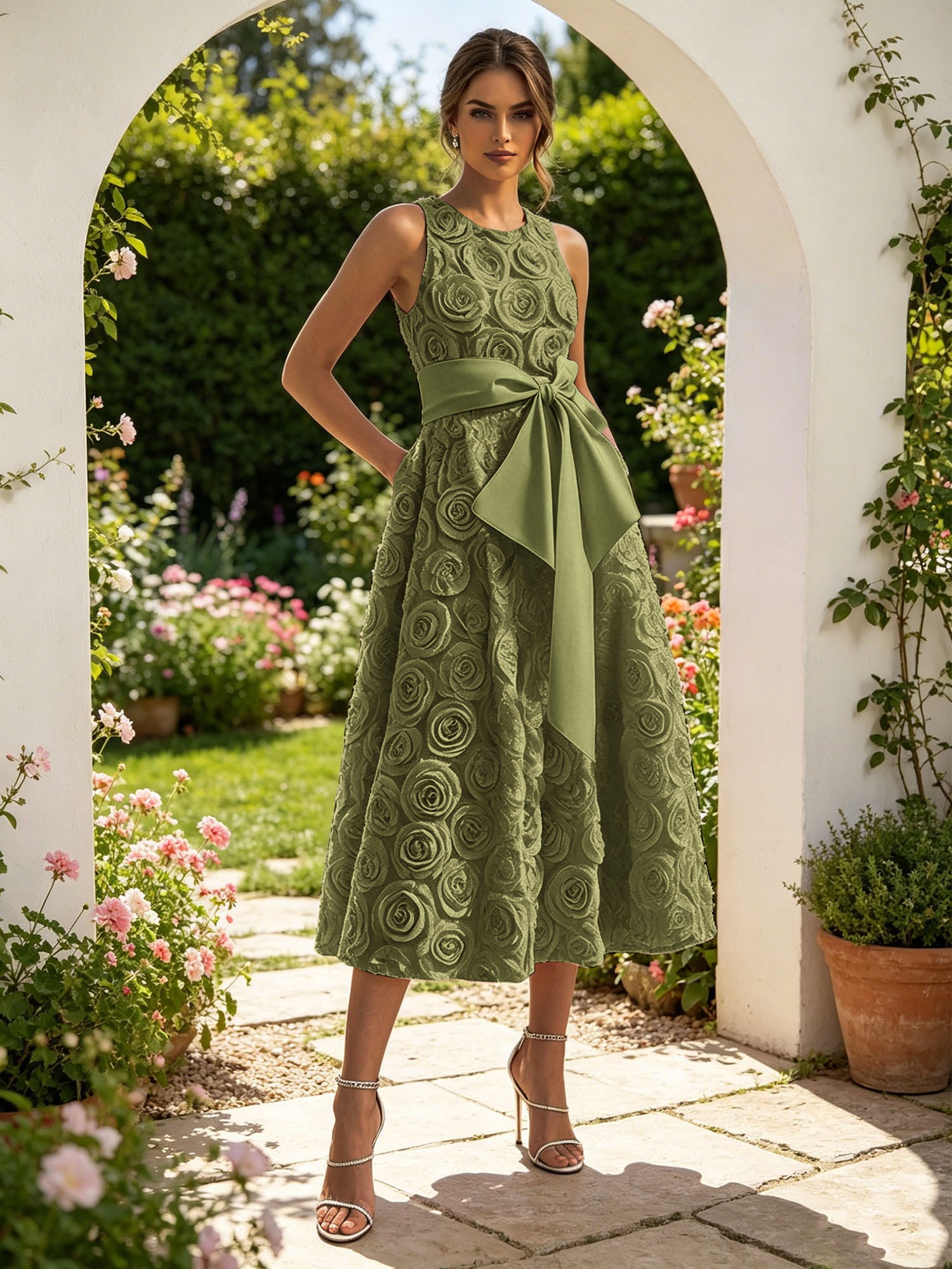 Pink 3D Floral Bow Crew Neck A-Line Midi Dress