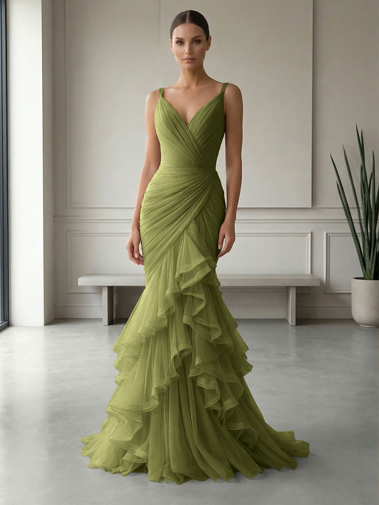 Mauve Folds Tulle Strapless Sleeveless Mermaid Gown Dress