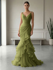 Mauve Folds Tulle Strapless Sleeveless Mermaid Gown Dress