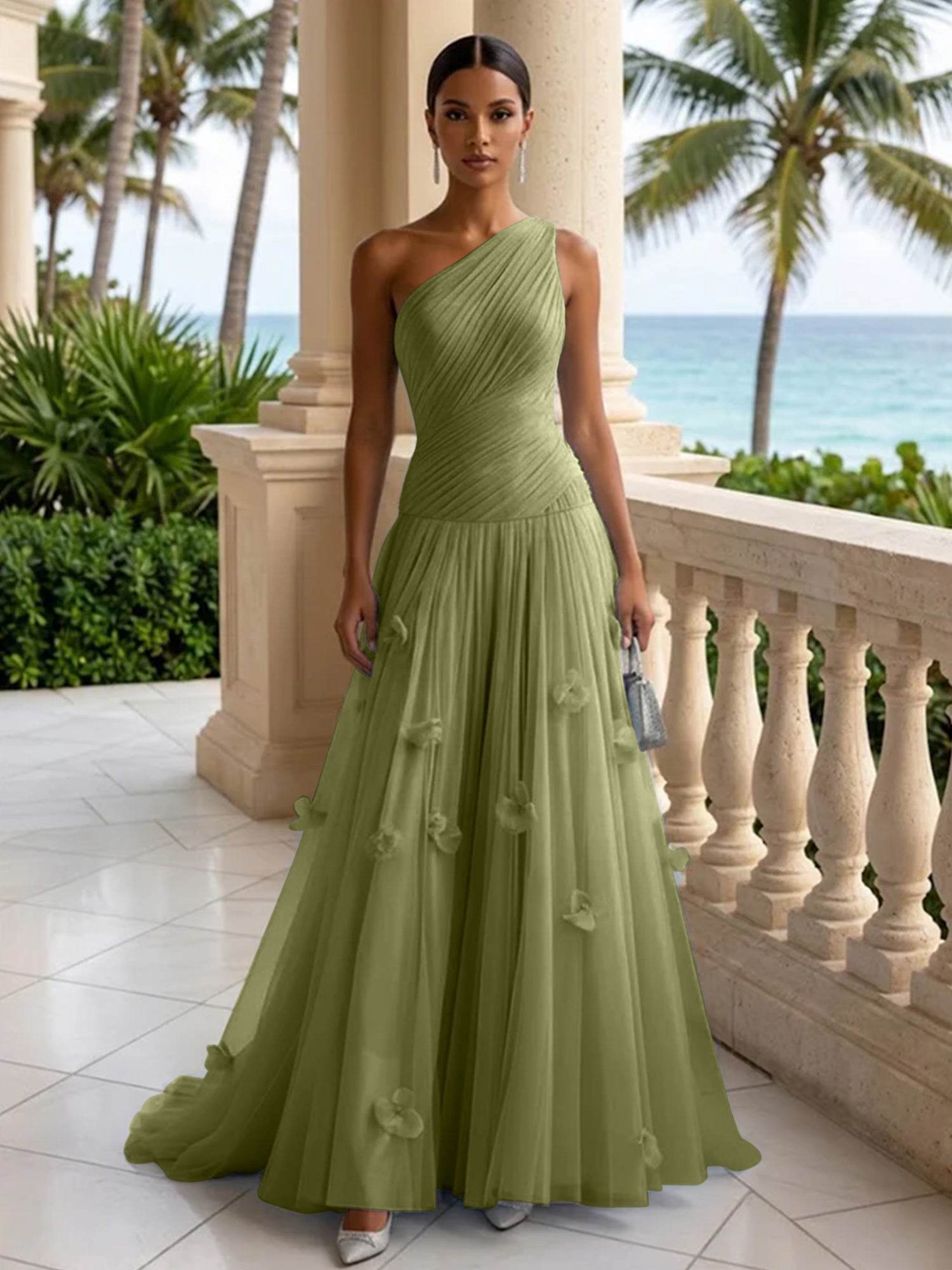 Light Blue Evening Dress with 3D Flower One Shoulder Pleat Maxi Dress