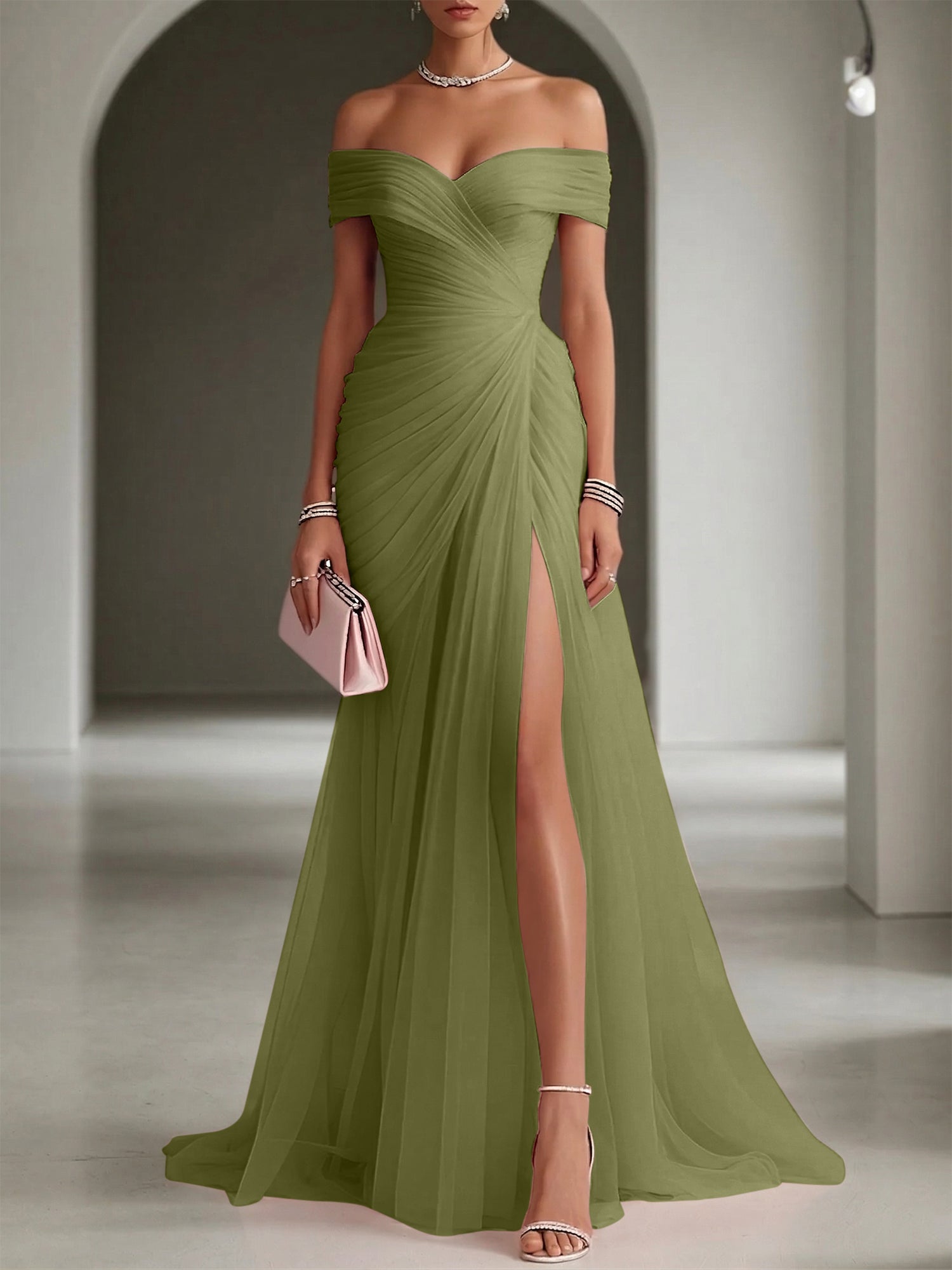 Blush Ruched Slit Tulle Off the Shoulder Sleeveless Sheath Gown Dress