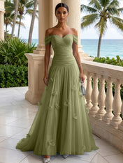 Light Blue Evening Dress with 3D Flower Off The Shoulder Pleat Maxi Dress
