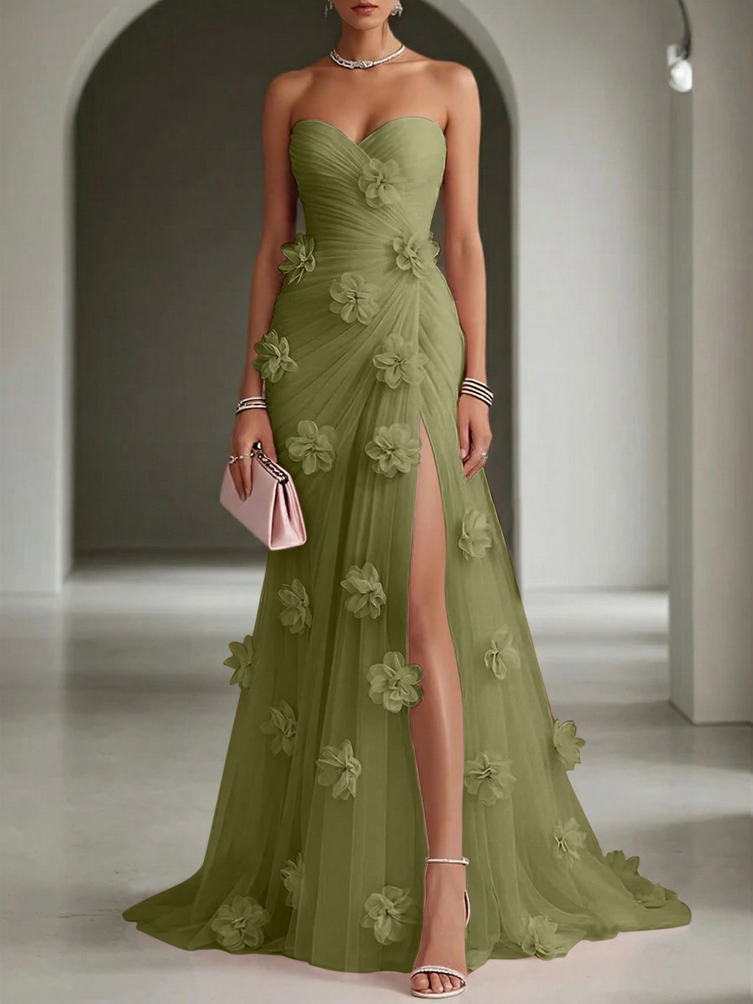 Ethereal Blush Slit 3D Floral Strapless Tulle Gown Dress
