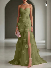 Ethereal Blush Slit 3D Floral Strapless Tulle Gown Dress