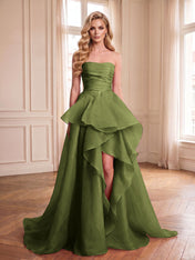 Formal Evening Tiered Dress Pink Strapless Maxi Gown