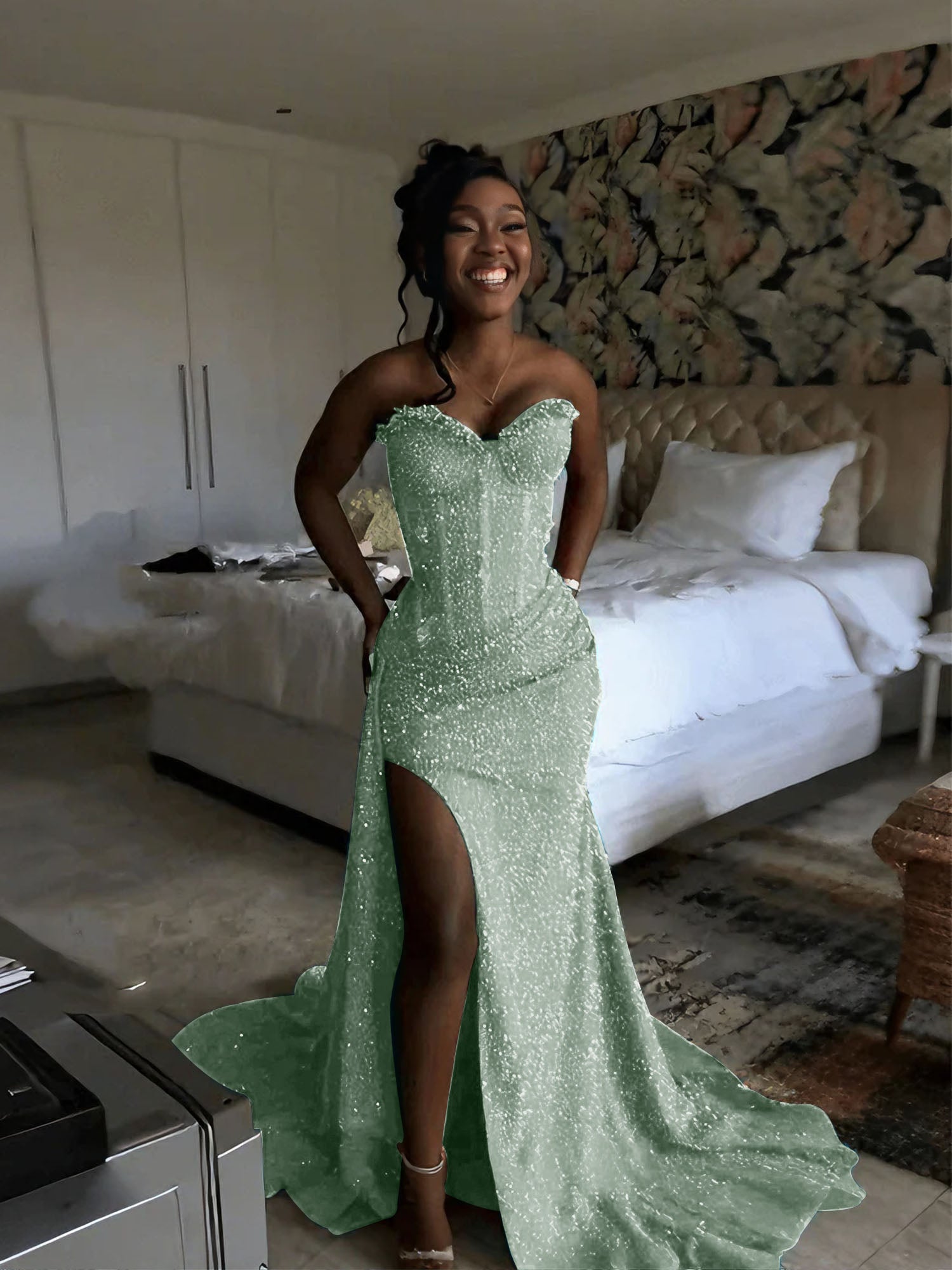 Glitter Strapless Mermaid Sequined Long Prom Dress with Slit