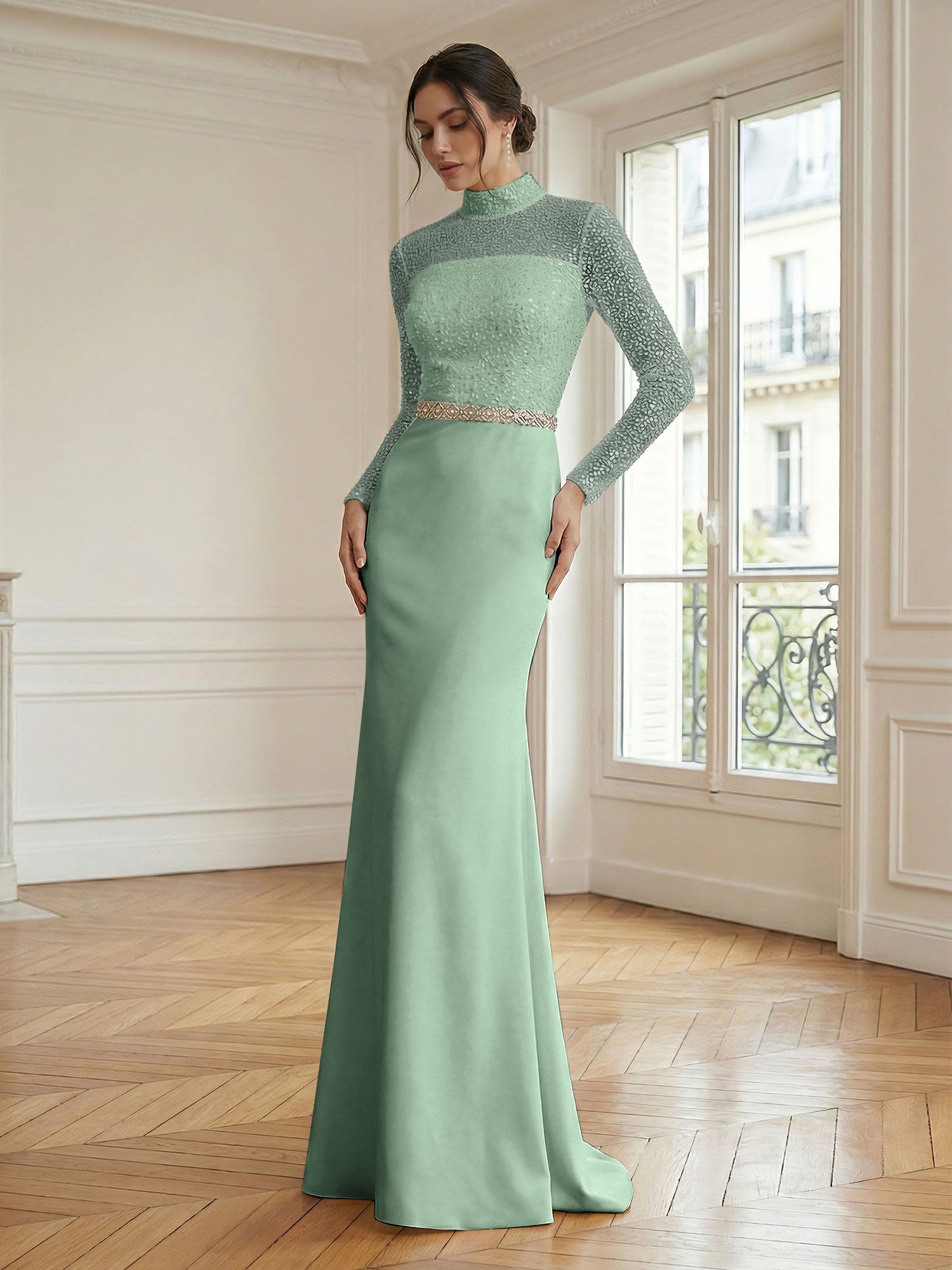 Formal Dress White Sheath Illusion Neck Beaded Chiffon Maxi Dress