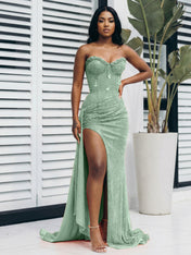 Glitter Orange Strapless Mermaid Sequined Long Prom Dress with Slit