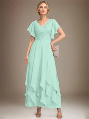 A-line V-Neck Ankle-Length Lace Chiffon Mother of the Bride Dress With Cascading Ruffles