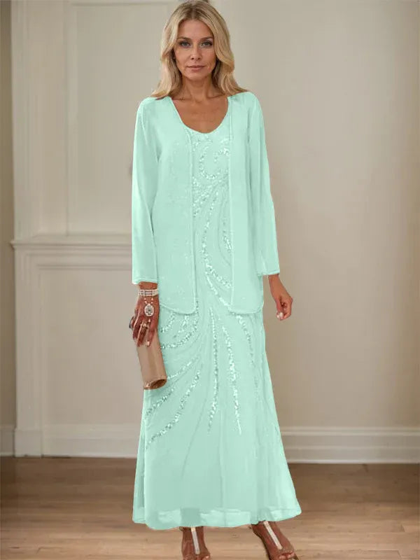 Robe de mère de la mariée fourreau/colonne, col en V, longueur cheville, avec veste et paillettes 