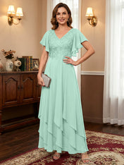 A-line V-Neck Ankle-Length Lace Chiffon Mother of the Bride Dress With Cascading Ruffles