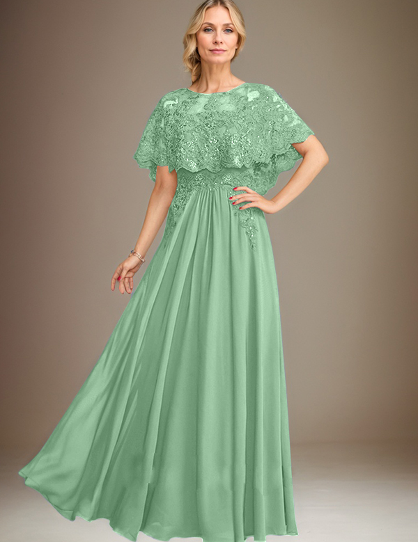 A-line Boat Neck Floor-Length Lace Chiffon Mother of the Bride Dress With Applique Sequins