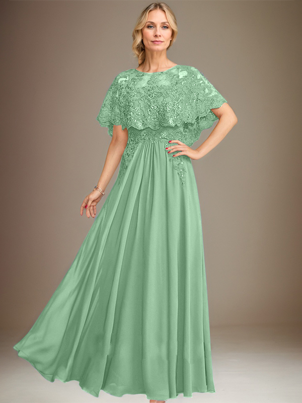 A-line Boat Neck Floor-Length Lace Chiffon Mother of the Bride Dress With Applique Sequins