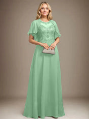 A-line Scoop Illusion Floor-Length Lace Chiffon Mother of the Bride Dress With Sequins