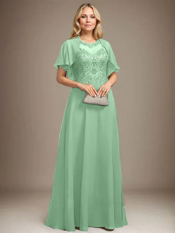 A-line Scoop Illusion Floor-Length Lace Chiffon Mother of the Bride Dress With Sequins