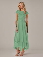 A-line Boat Neck Illusion Asymmetrical Chiffon Lace Mother of the Bride Dress With Applique Pleats