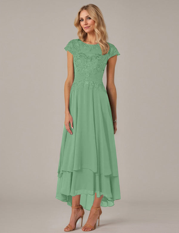 A-line Boat Neck Illusion Asymmetrical Chiffon Lace Mother of the Bride Dress With Applique Pleats
