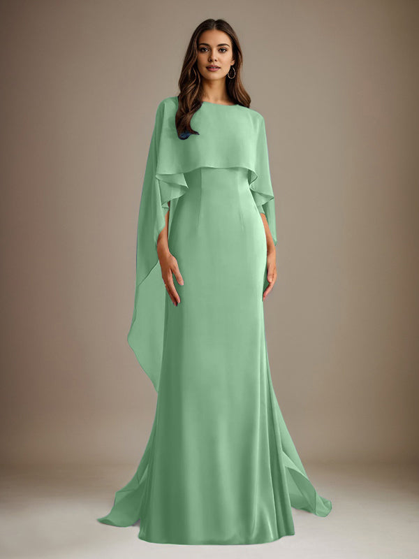 Robe de mère de la mariée en mousseline, coupe fourreau/colonne, col bateau, longueur ras du sol, avec volants en cascade 