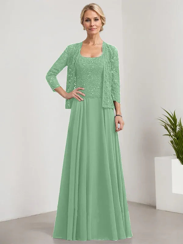 Robe de mère de la mariée trapèze carrée, longueur au sol, en mousseline de soie et dentelle, avec paillettes 