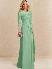 A-line Scoop Illusion Floor-Length Chiffon Lace Mother of the Bride Dress With Beading Sequins Cascading Ruffles