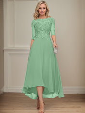 A-line Boat Neck Illusion Asymmetrical Chiffon Lace Mother of the Bride Dress With Sequins Beading