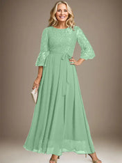 A-line Scoop Ankle-Length Lace Chiffon Mother of the Bride Dress With Bow
