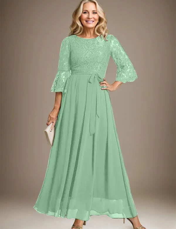 A-line Scoop Ankle-Length Lace Chiffon Mother of the Bride Dress With Bow