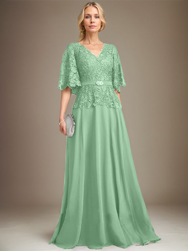 A-line V-Neck Floor-Length Chiffon Lace Mother of the Bride Dress With Crystal Brooch Rhinestone
