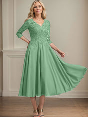 A-line V-Neck Tea-Length Chiffon Lace Mother of the Bride Dress With Beading Sequins