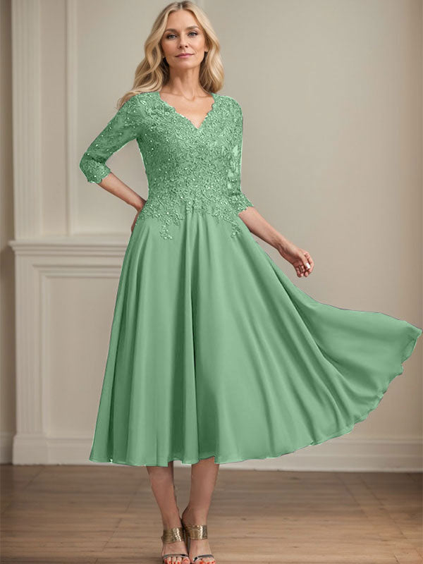 A-line V-Neck Tea-Length Chiffon Lace Mother of the Bride Dress With Beading Sequins
