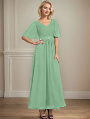 A-line V-Neck Ankle-Length Chiffon Mother of the Bride Dress With Pleated Beading Sequins