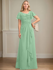 A-line Asymmetrical Illusion Floor-Length Lace Chiffon Mother of the Bride Dress With Cascading Ruffles Sequins