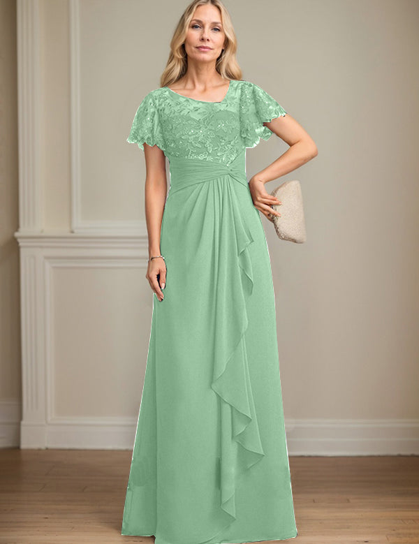 A-line Asymmetrical Illusion Floor-Length Lace Chiffon Mother of the Bride Dress With Cascading Ruffles Sequins