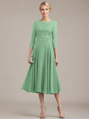 A-line Scoop Tea-Length Lace Chiffon Mother of the Bride Dress