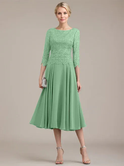 A-line Scoop Tea-Length Lace Chiffon Mother of the Bride Dress
