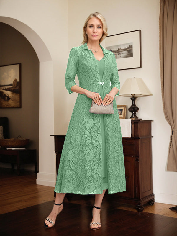 A-line V-Neck Tea-Length Chiffon Mother of the Bride Dress