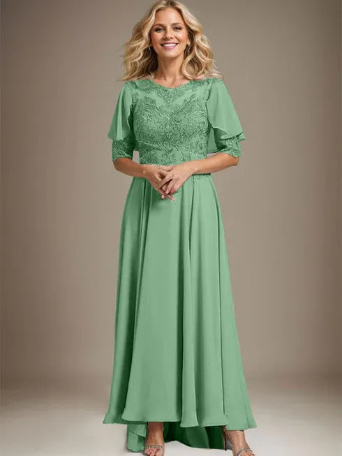 A-line Scoop Illusion Asymmetrical Chiffon Lace Mother of the Bride Dress With Beading
