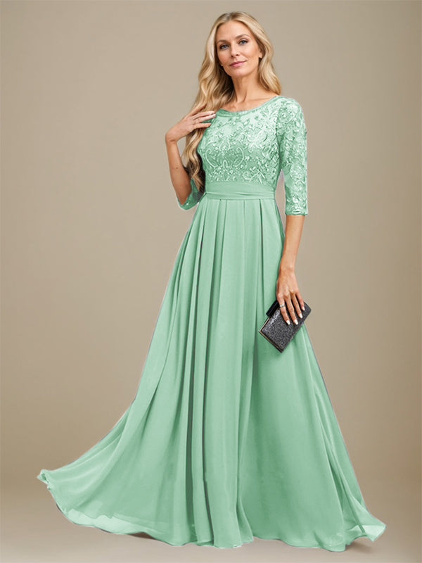 A-Line Scoop Floor-Length Lace Chiffon Mother Of the Bride Dress With Sequins Applique