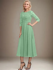 A-line Scoop Tea-Length Lace Chiffon Mother of the Bride Dress With Sequins