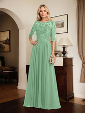 A-line Scoop Illusion Floor-Length Chiffon Lace Mother of the Bride Dress With Pleated Sequins