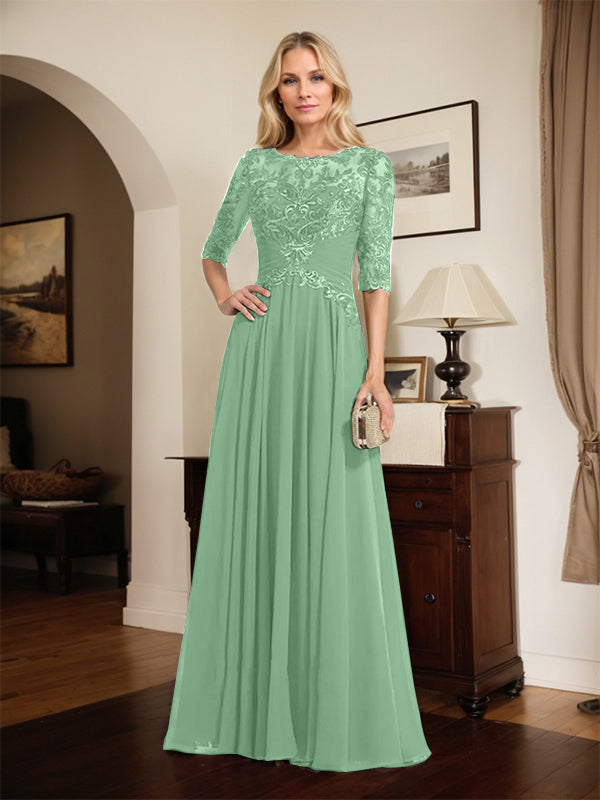 A-line Scoop Illusion Floor-Length Chiffon Lace Mother of the Bride Dress With Pleated Sequins