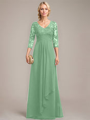 A-line V-Neck Floor-Length Lace Chiffon Mother of the Bride Dress With Cascading Ruffles Sequins