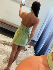 Sage Green Halter Pleated Bodycon Homecoming Dress with Backless