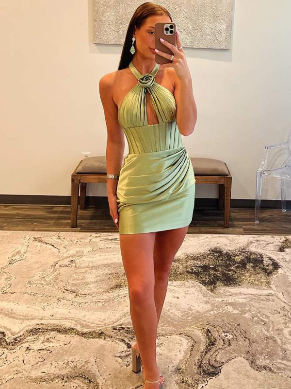 Sage Green Halter Pleated Bodycon Homecoming Dress with Backless